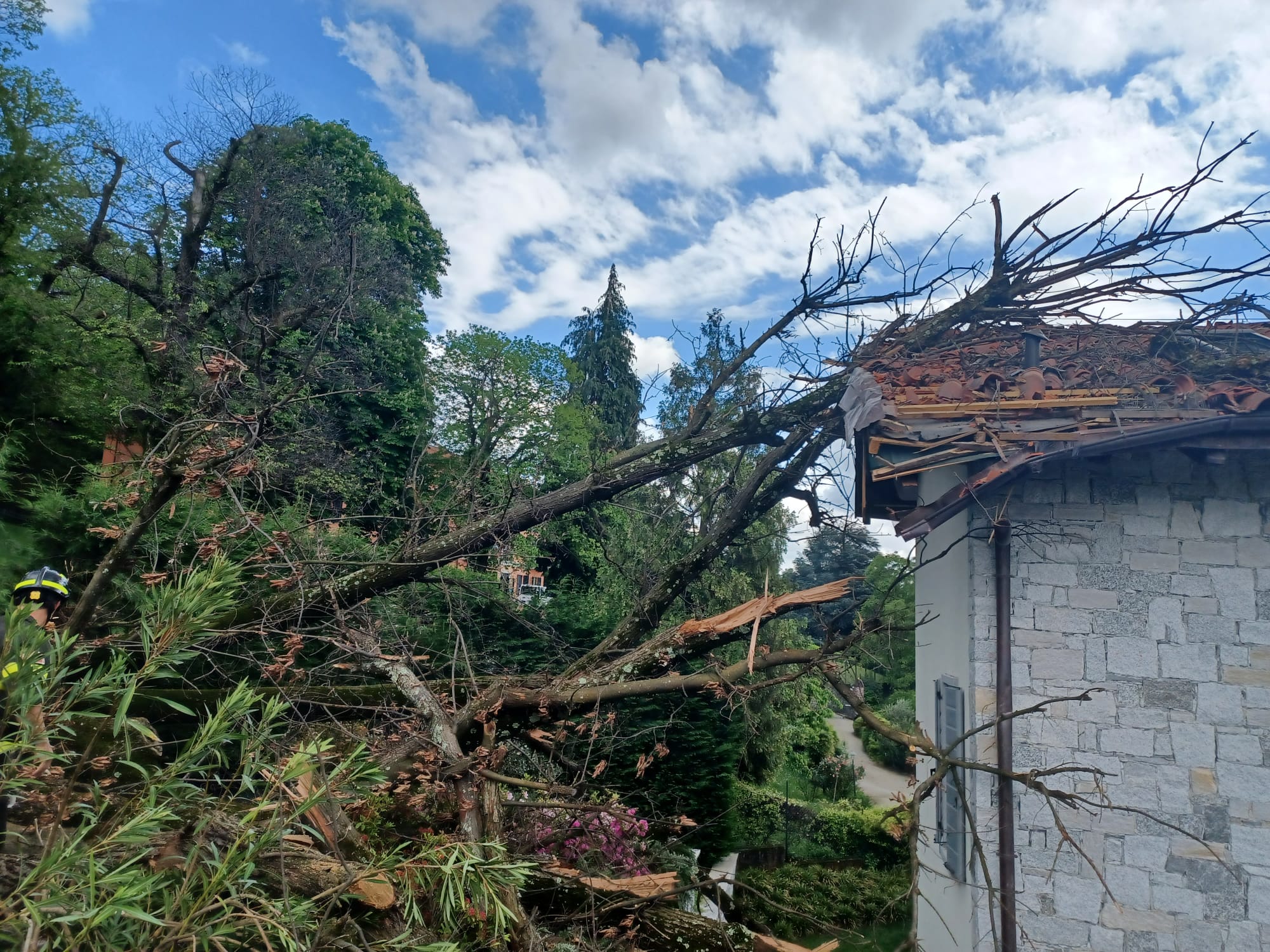 Albero franato sul tetto di una casa ad Ameno
