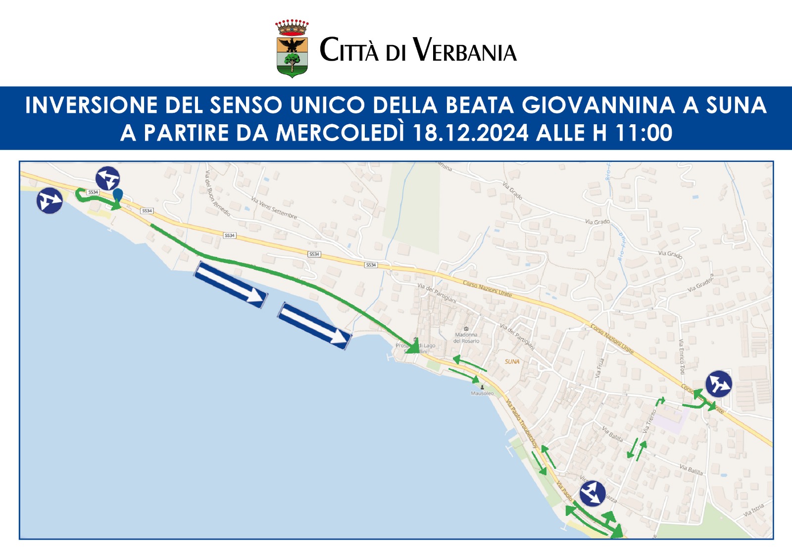 Da domani cambia il senso unico della Beata Giovannina a Suna