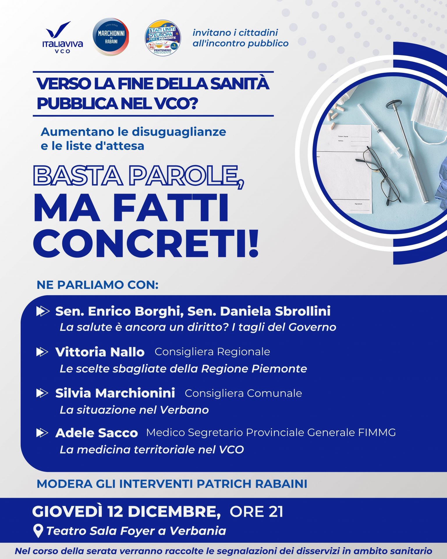 "Verso la fine della sanità pubblica nel Vco?" il 12 dicembre al Maggiore con Italia Viva e Marchionini per Rabaini