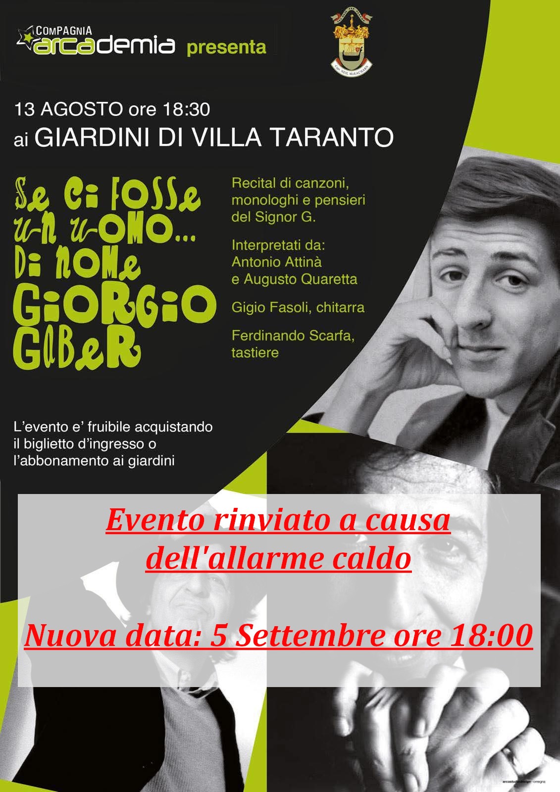 Ondata di caldo: l'omaggio a Giorgio Gaber previsto a Villa Taranto per oggi rinviato al 5 settembre
