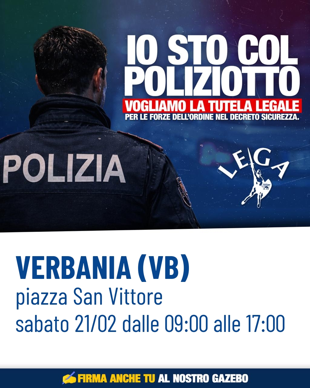 Sabato a Verbania la Lega organizza un presidio per esprimere solidarietà al poliziotto indagato per aver ucciso uno spacciatore