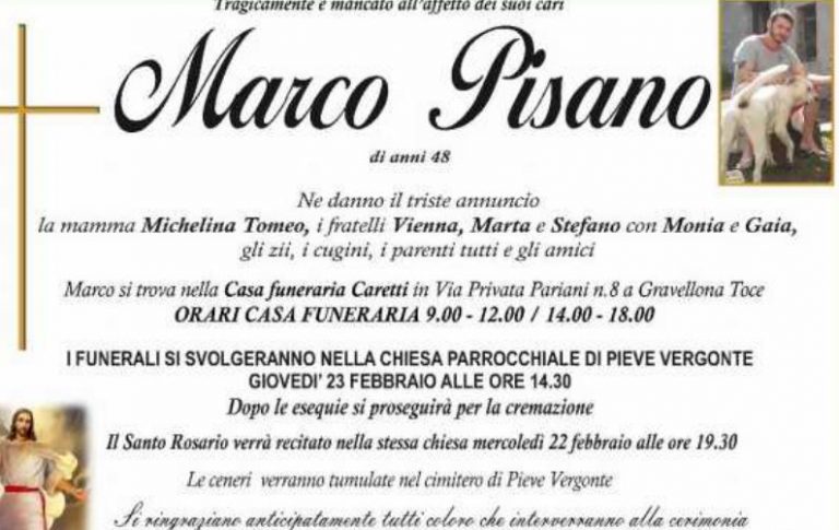 Giovedì 23 febbraio a Pieve Vergonte l’ultimo saluto a Marco Pisano